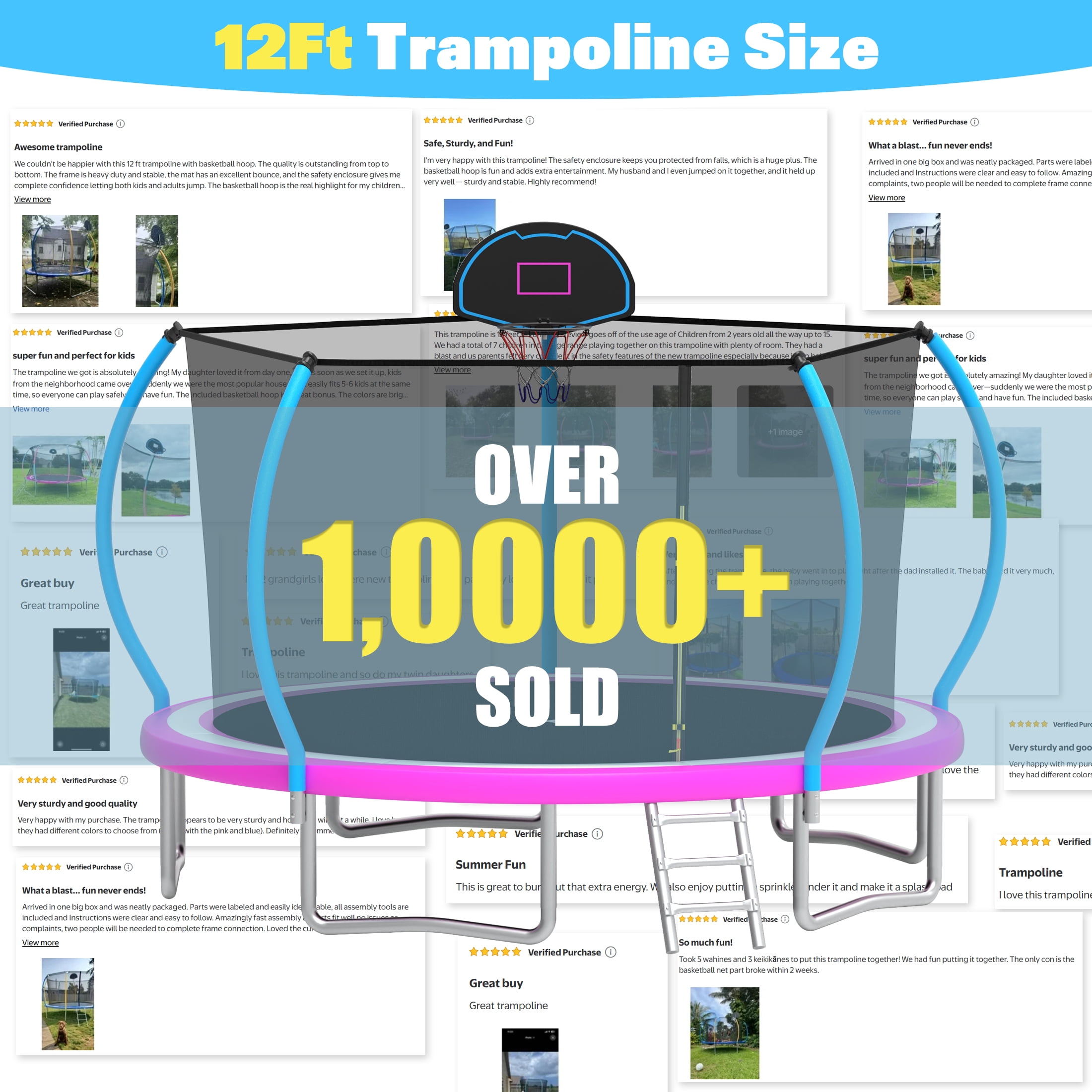 12ft Trampoline with Safety Enclosure, SEGMART Upgrade Outdoor Trampoline with Basketball Hoop, Heavy Duty Back Yard Trampoline with Ladder for Kids and Adults, Pink