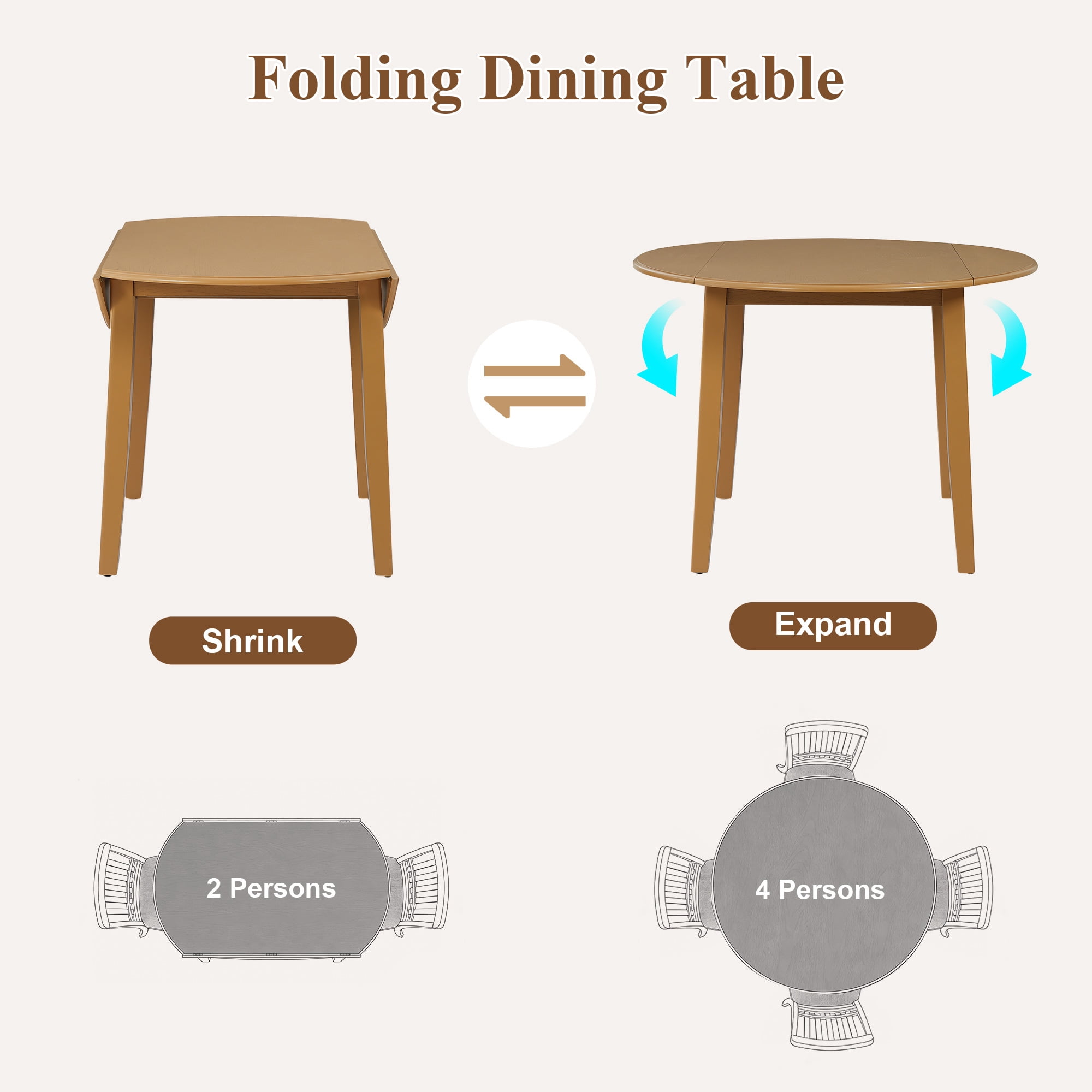 Euroco 5-Piece Round Dining Table Set for 4, Folding Wood Dining Table with 4 Upholstered Chairs, Farmhouse Kitchen Table Set for Small Space,Apartments,Light Brown