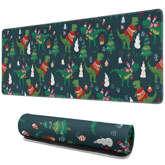 Long Mouse Pads for Desk,Green Christmas Dinosaur and Snowman Desk Mats on Top Of Desks, Desk Mouse Pad Extra Large with 3mm Non-Slip Base and Stitched Edge for Gaming,Work,Home 31.5x11.8in