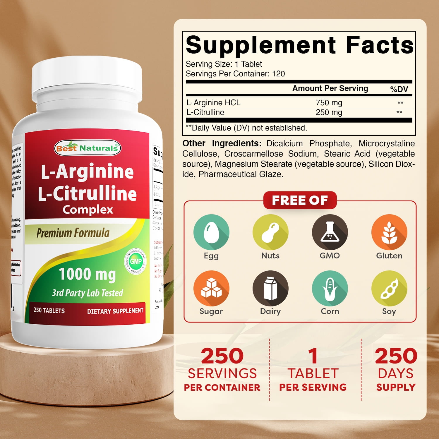 l arginine l citrulline l carnitine Best Naturals L-Arginine L-Citrulline Complex 1000 mg Multivitamin Tablets,  250 Count