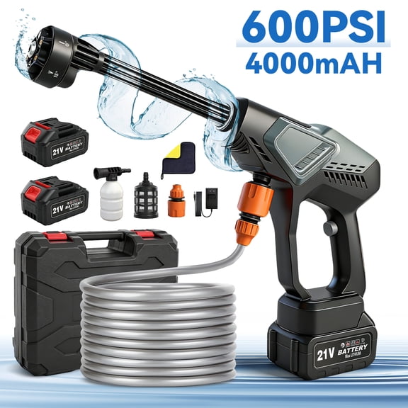 BAOKALER Cordless Pressure Washer, 600 PSI Portable Power Washer with 2 x 4.0AH Batteries, 6-in-1 High Power Washer for Car, Garden, Patio