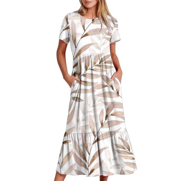 Vestido de Manga Corta para Mujeres Vestido de Verano de Cuello Redondo Impreso, Poliéster de Tamaño Verdadero Diario Y Vestido de Fiesta