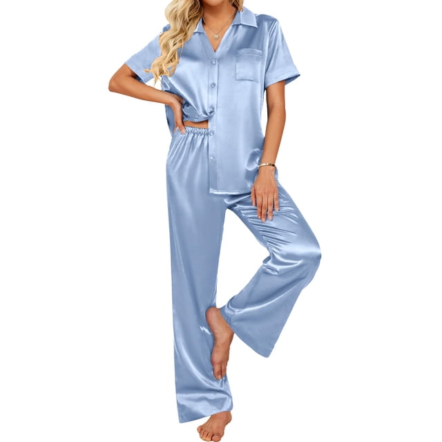 Conjunto de pijama Ekouaer de satén de seda para mujer azul claro