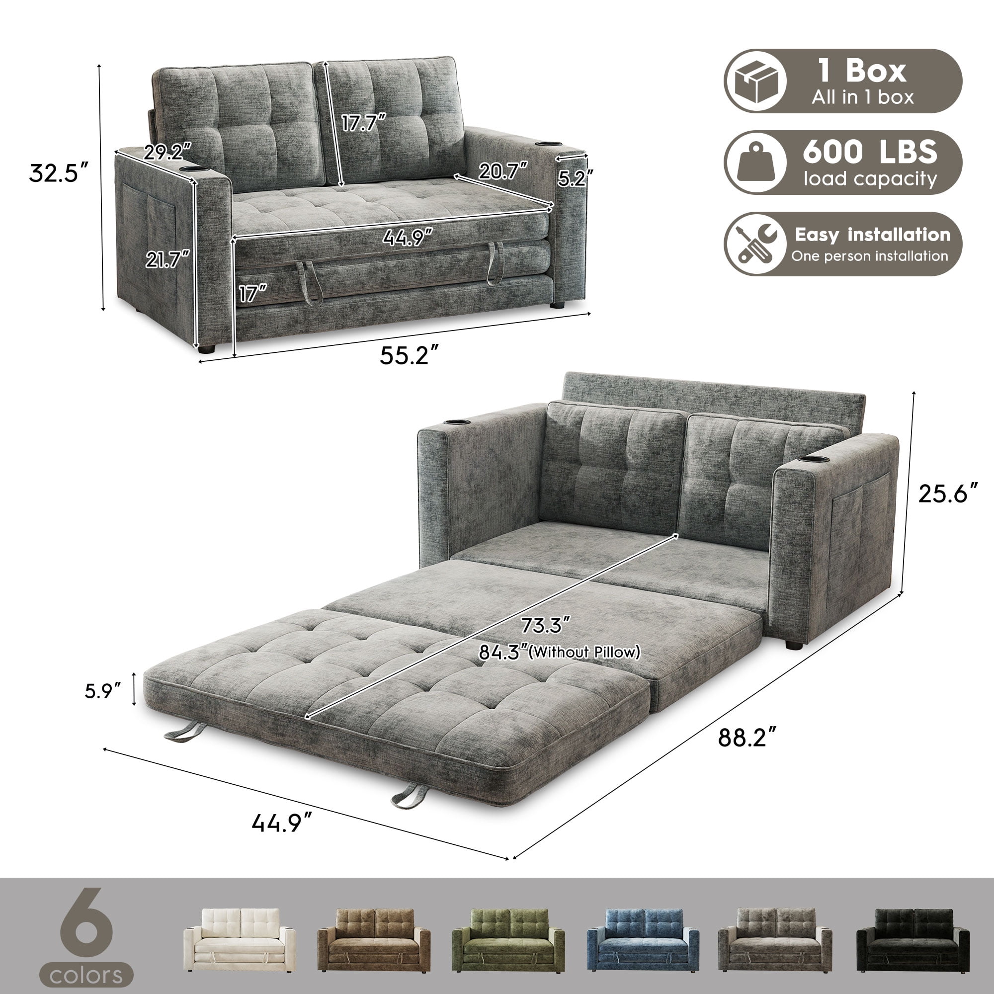 BedLuxury 55" Foldable Loveseat Futon Sofa Bed with Cup Holder & Storage Pocket, Sleeper Couch, Space Saving, Chenille Gray