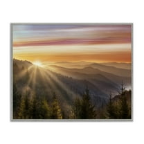 Sunrise Through Mountain Forest Skyline Gray Framed Giclee Art, 14 x 11, Made In USA