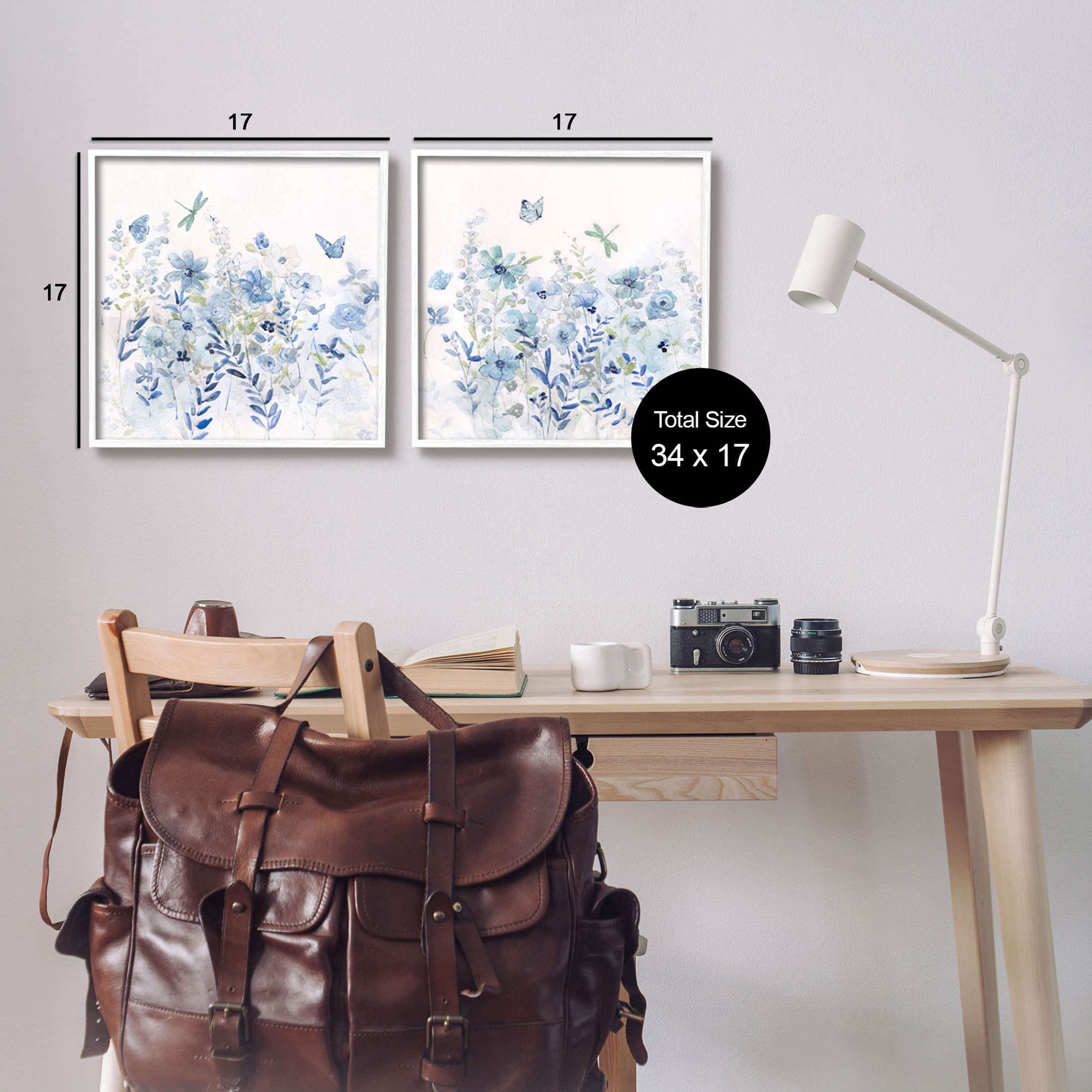 Fluttering Insects Blooming Blue Garden Botanical & Floral Graphic Art White Framed Art Print Wall Art, Set of 2