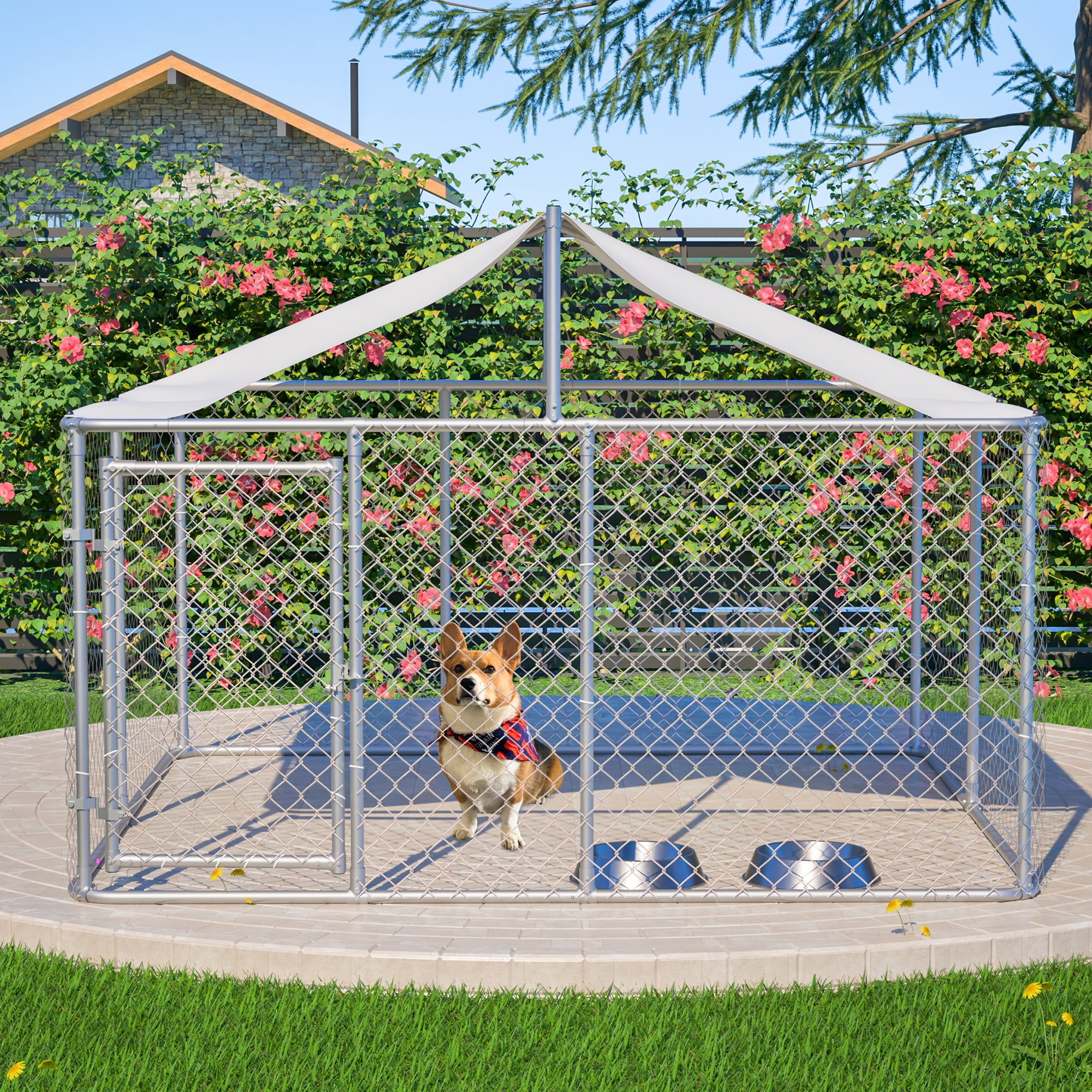 LZBEITEM Large Outdoor Dog Run Kennel, Heavy Duty Dog Pets Cage Galvanized Steel Dog Fence Dog Enclosure Playpen with Waterproof Cover