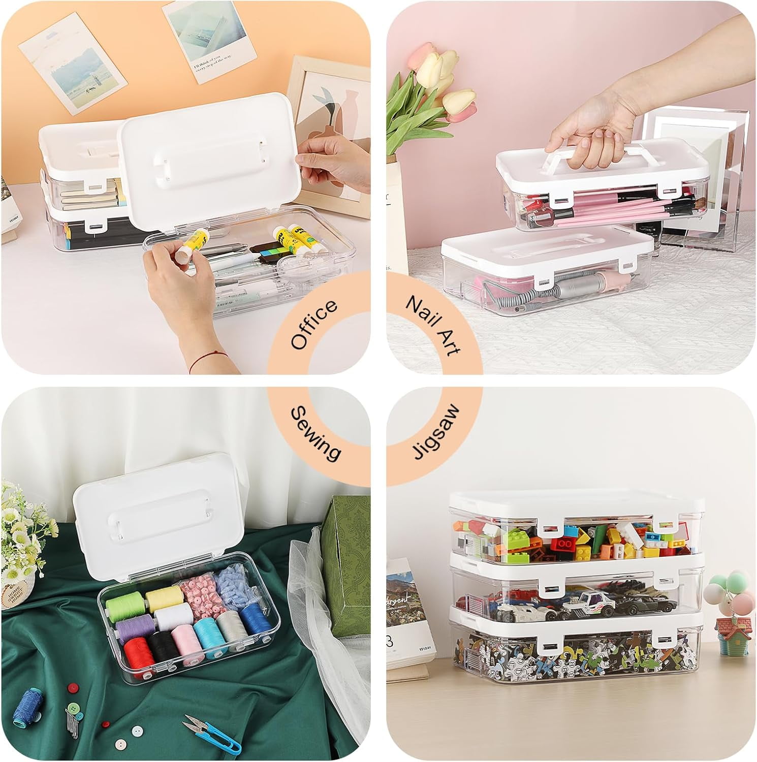 Clear Plastic Storage Container with Lid & Handle, Multipurpose Craft Organizers and Storage Box, Easy Carry & Stack Flat Storage Box for Pencils Markers Crayons Sticky Notes, 1 Pack