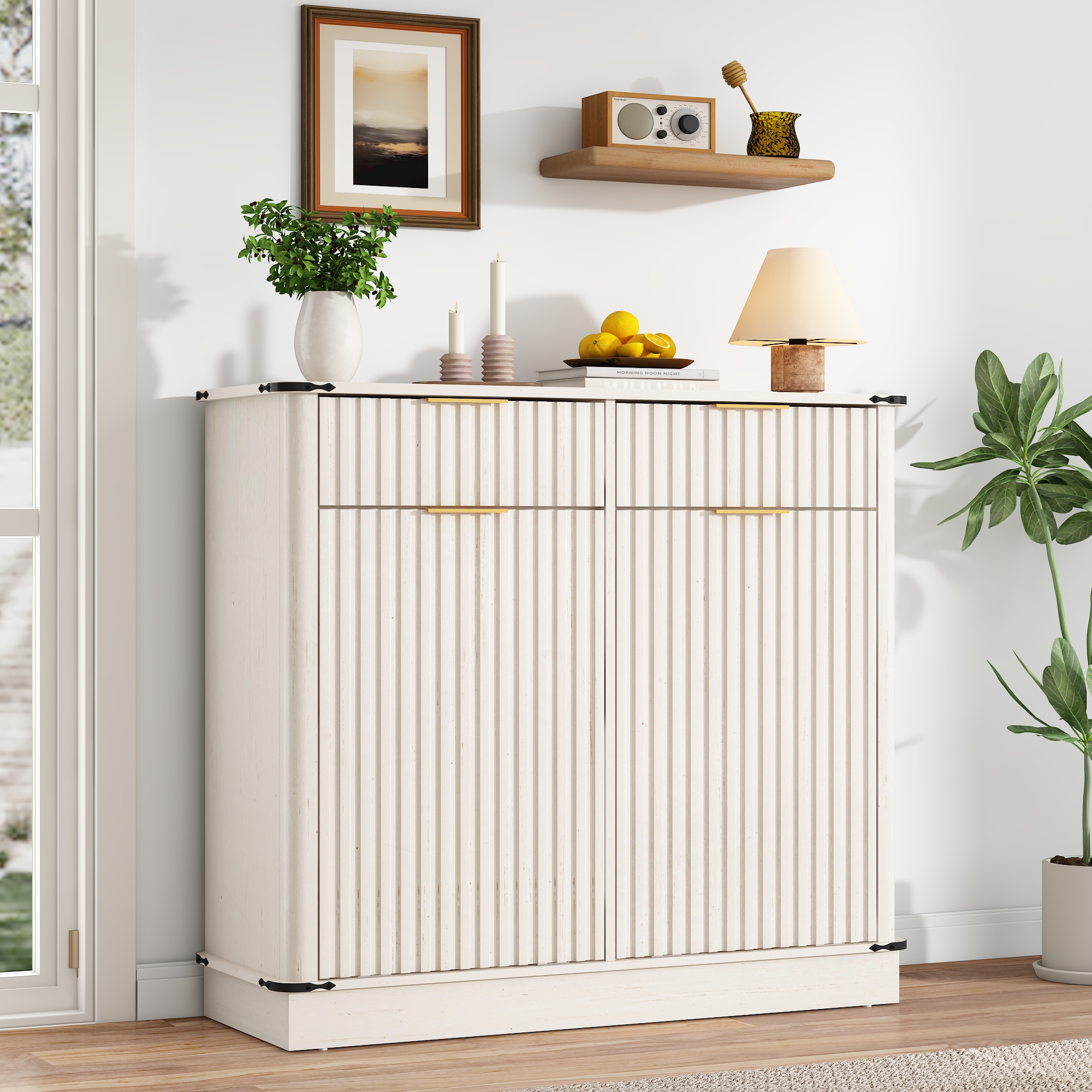Blotout 20 Gallon Double Tilt-Out Trash Cabinet,Fluted Laundry Hamper Cabinet with 2 Drawers & Charging Station,Hidden Wooden Garbage Can Cabinet for Kitchen & Living Room