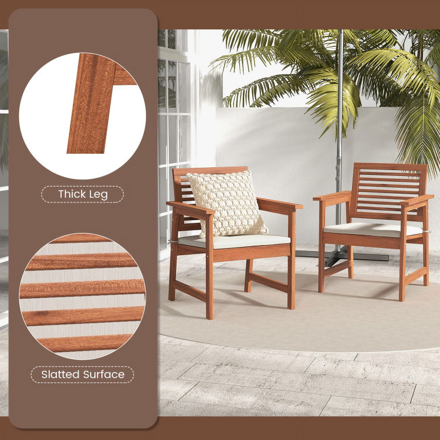 Aimee Lii Set of 2 Patio Solid Wood Dining Chairs with Cushions and Slatted Seat, Outdoor Patio Set