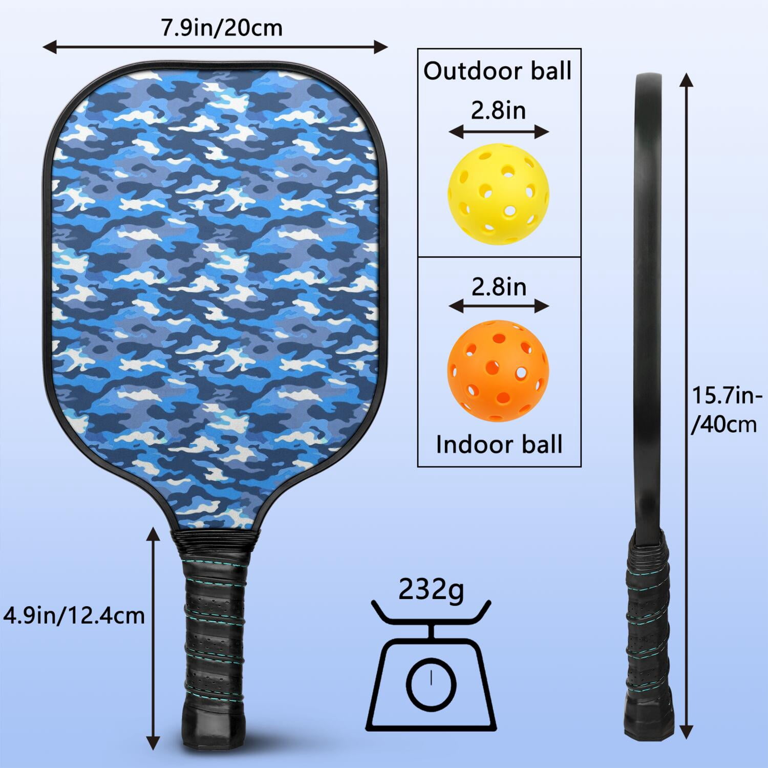 Pickleball Paddles Set Of 2, Fiberglass Surface, Camouflage Print, 4 Balls & Bag