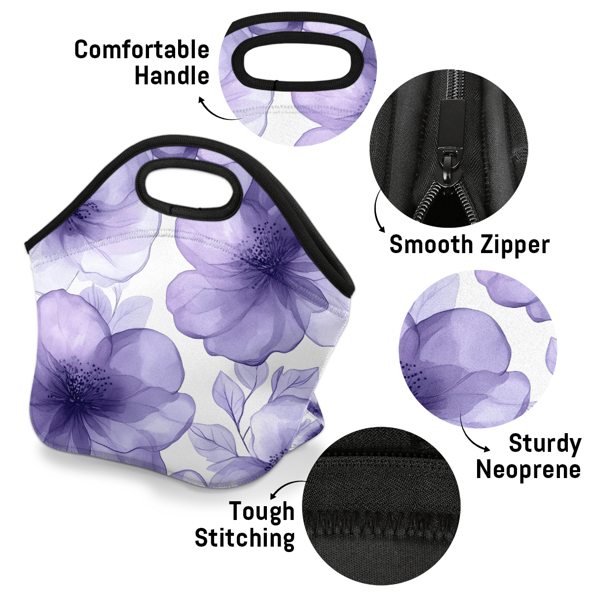 Herdesigns Purple Insulated Lunch Bag Neoprene Lunch Box for Women Men Soft Cooler Bag Floral Washable Lunch Tote for Work Outdoor Picnic