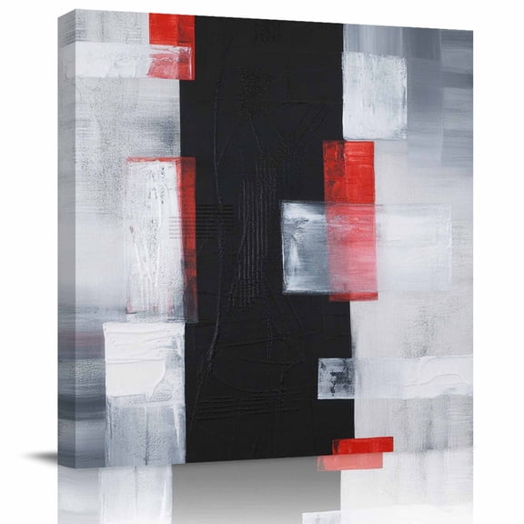 Black Red White Geometric Framed Canvas Wall Art, Distressed Modern Painting Style Wall Art Painting for Living Room Bedroom Home Decor, 24”x24”, Office Artwork Print