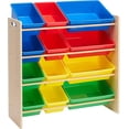 thumbnail image 1 of Organizador de almacenamiento de juguetes para niños con 12 contenedores de plástico - Madera natural con contenedores brillantes esquí esquí Gafas de esquí, 1 of 5