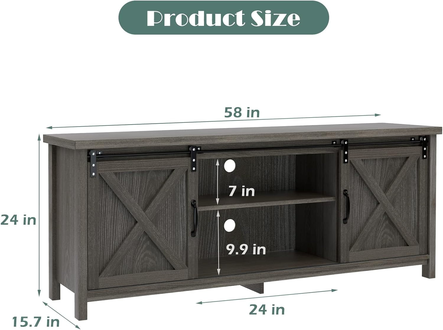 Reliancer Farmhouse TV Stand for TVs up to 65”, with Sliding Barn Doors, Dark Grey