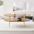 thumbnail image 4 of Rectangle Coffee Table Mid-Century Modern Design L W x H for Living Room - Structure Amber Glass Top and Walnut MDF Shelf Sleek Conical Metal Legs with Gold Finish, 4 of 9