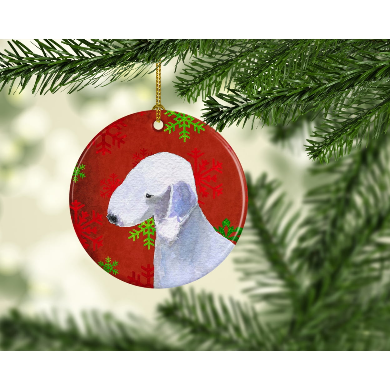 Carolines Treasures SS4690-CO1 Bedlington Terrier Red Snowflakes Holiday Christmas Ceramic Ornament, Multicolor