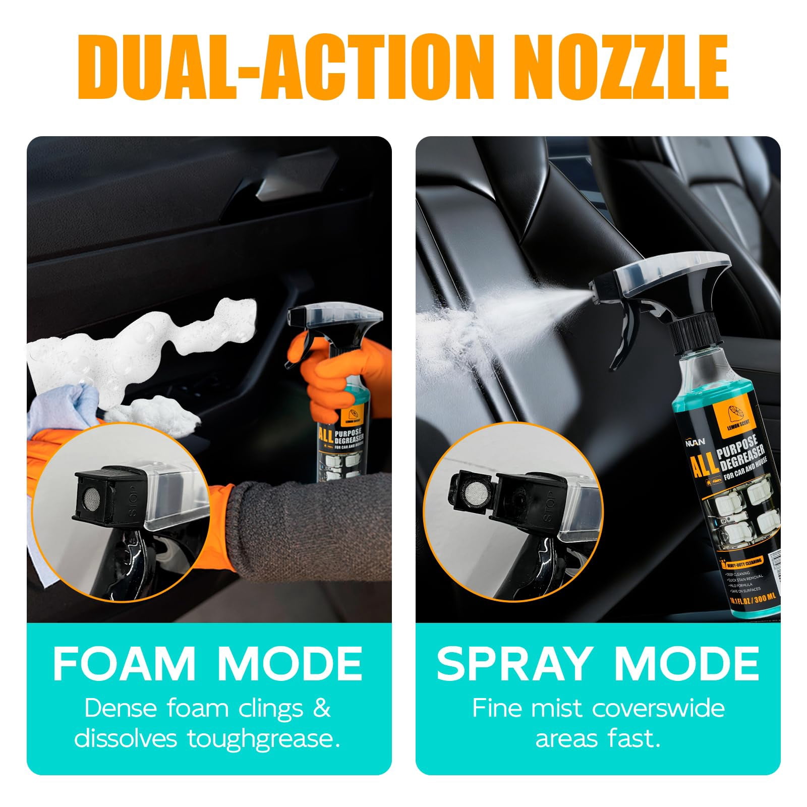 NUAN All Purpose Degreaser for Car and House, Lemon Scent, Heavy-Duty Cleaning Spray, Quick Stain Removal, 10.1 fl oz/300 ML