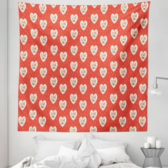 Love Tapestry, Hipster Hearts Pattern with Love You Texts Heart Shapes Valentines Day Theme, Fabric Wall Hanging Decor for Bedroom Living Room Dorm, 5 Sizes, Vermilion Multicolor, by Ambesonne