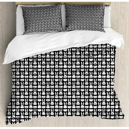 Hipster Queen Size Duvet Cover Set, Retro Rabbit and Cat Faces with Mustache and Eyeglasses Intellectual Gentlemen, Decorative 3 Piece Bedding Set with 2 Pillow Shams, Black and White, by Ambesonne