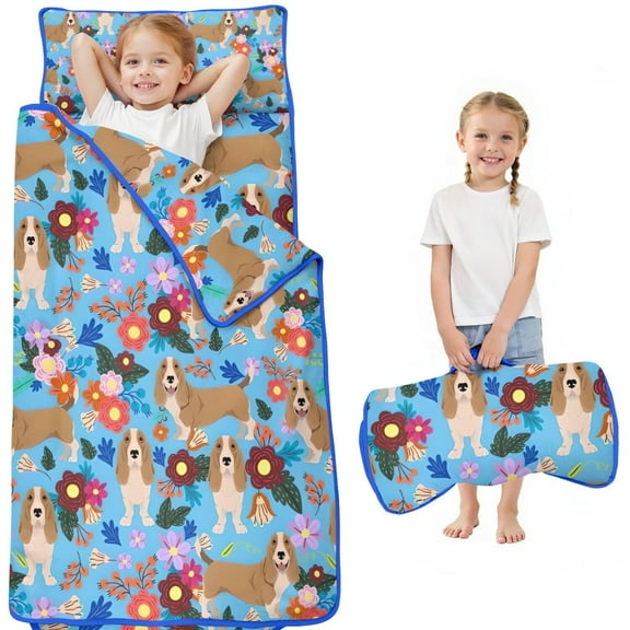 Basset Hound Dog and Flower Toddler Nap Mats for Kids Preschool,Sleeping Mat Bag or Kids,Toddler Sleeping Bag,Toddler Nap Mat or Daycare