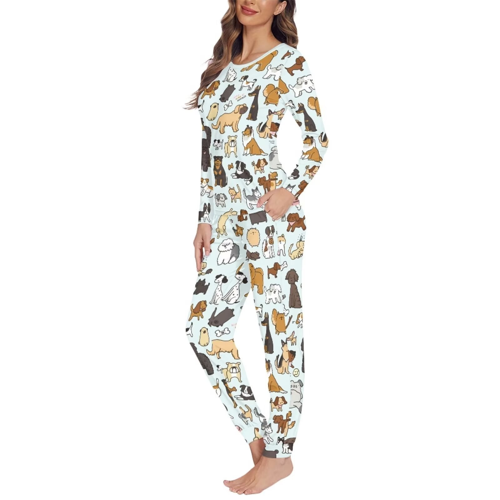 Set, Various Skin Dog Cotton Crew Print Pajama Sleeve Women for Sleepwear Neck Loungewear Pajamas Long Design, Pack with Set Breathable Friendly NETILGEN Women Set 2 &