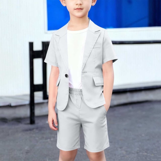 Conjuntos de solapa de manga corta para niños, chaqueta superior de solapa de manga corta de color sólido, pantalones cortos de cintura elástica, traje de tamaño mediano para niños, conjunto de dos pi