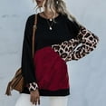 thumbnail image 2 of Women's Fashion Leopard Print Color Block Sweatshirt Top with Long Sleeves, Crew Neck, and Drop Shoulder in Burgundy - Size S, 2 of 6