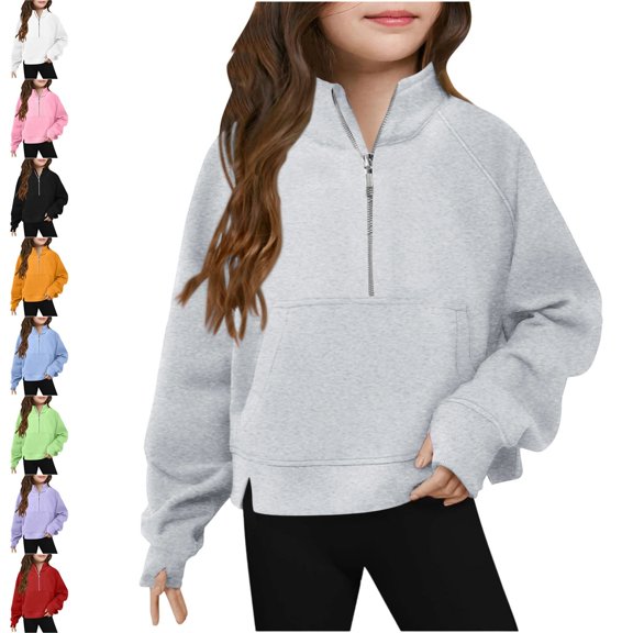 Teylalorva Girl's Sweatshirt Half Zip Stand Collar Thumb Hole Solid Long Sleeve Casual Top Green Size 120