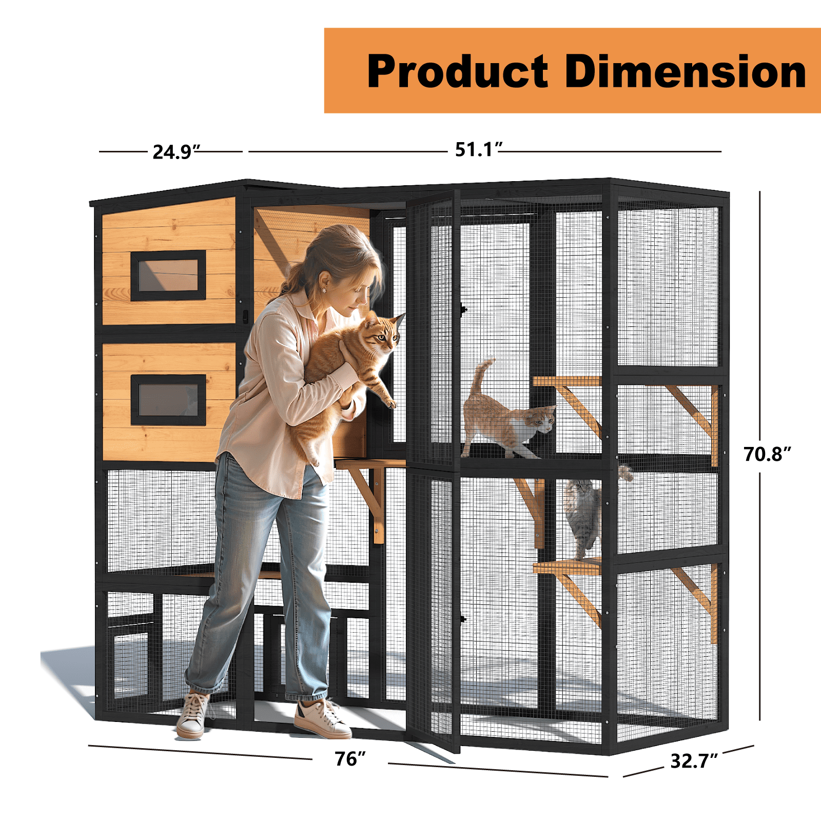 TIMHAKA Catio Outdoor Cat Enclosure Large Wooden Cat House for Mulitiple Cats w/ Resting Box, Platform, Waterproof Roof & Large Door, Black & Yellow