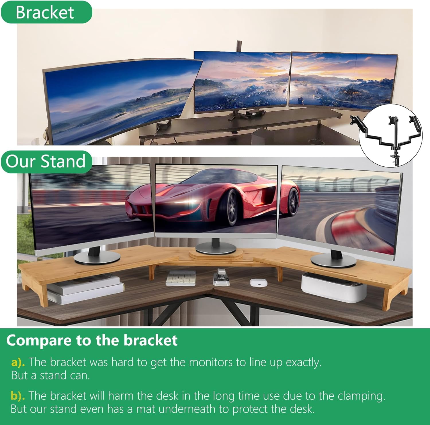 60 Inch Large  Dual Monitor Stand Riser with 3 Shelves Adjustable Length Angle for Desk