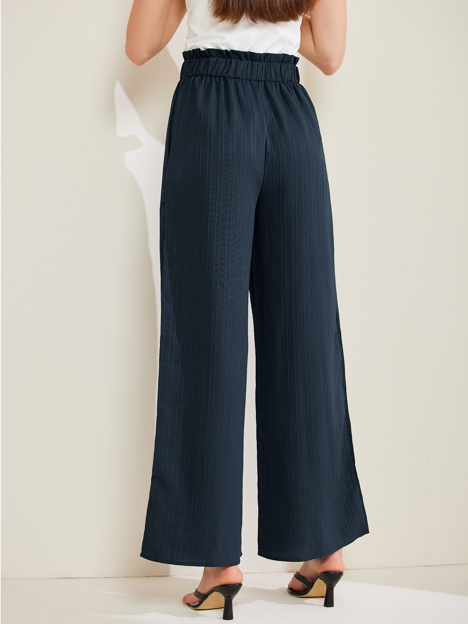 DARING DIVA Women's Elastic Waist Pleated Wide Leg Pants with Pockets XL Navy