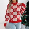 thumbnail image 5 of larppty Women's Knit Winter Sweater Snowflake Checkered Color Block Pullover Tops Trendy Y2k Clothes (Red, S), 5 of 8