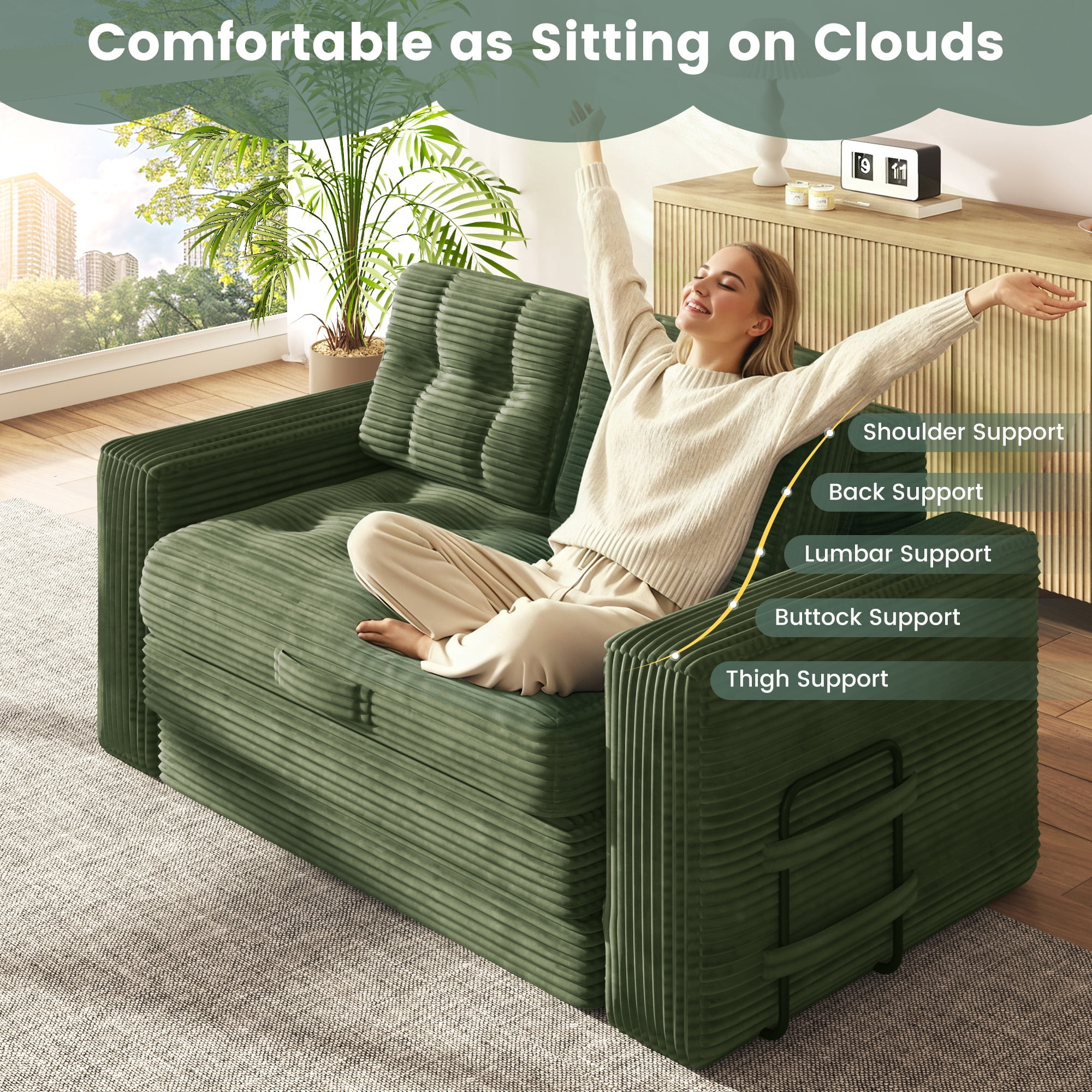 Erinnyees 2-in-1 Sleeper Sofa, No Assembly Corduroy Loveseat, Converts to Bed with Deep Seat & 2 Included Pillows