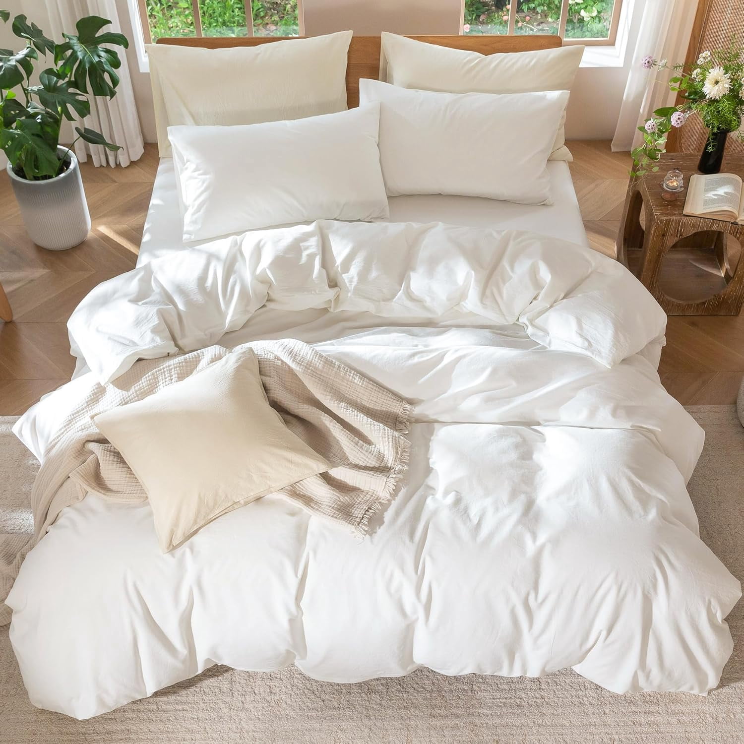 Full Size Off White Washed Cotton Textured Duvet Cover Set