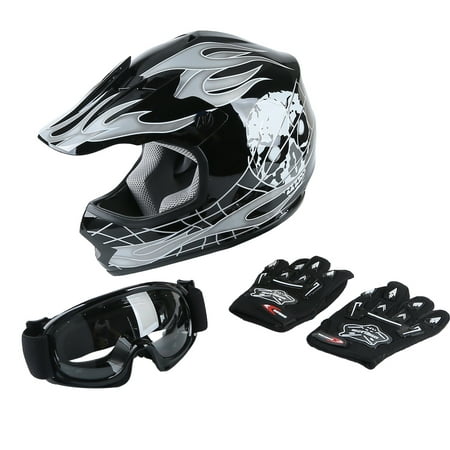 TCMT DOT Youth & Kids Motorcycle Helmet Black Skull with Goggles & Gloves for Atv Mx Motocross Offroad Street Dirt Bike L