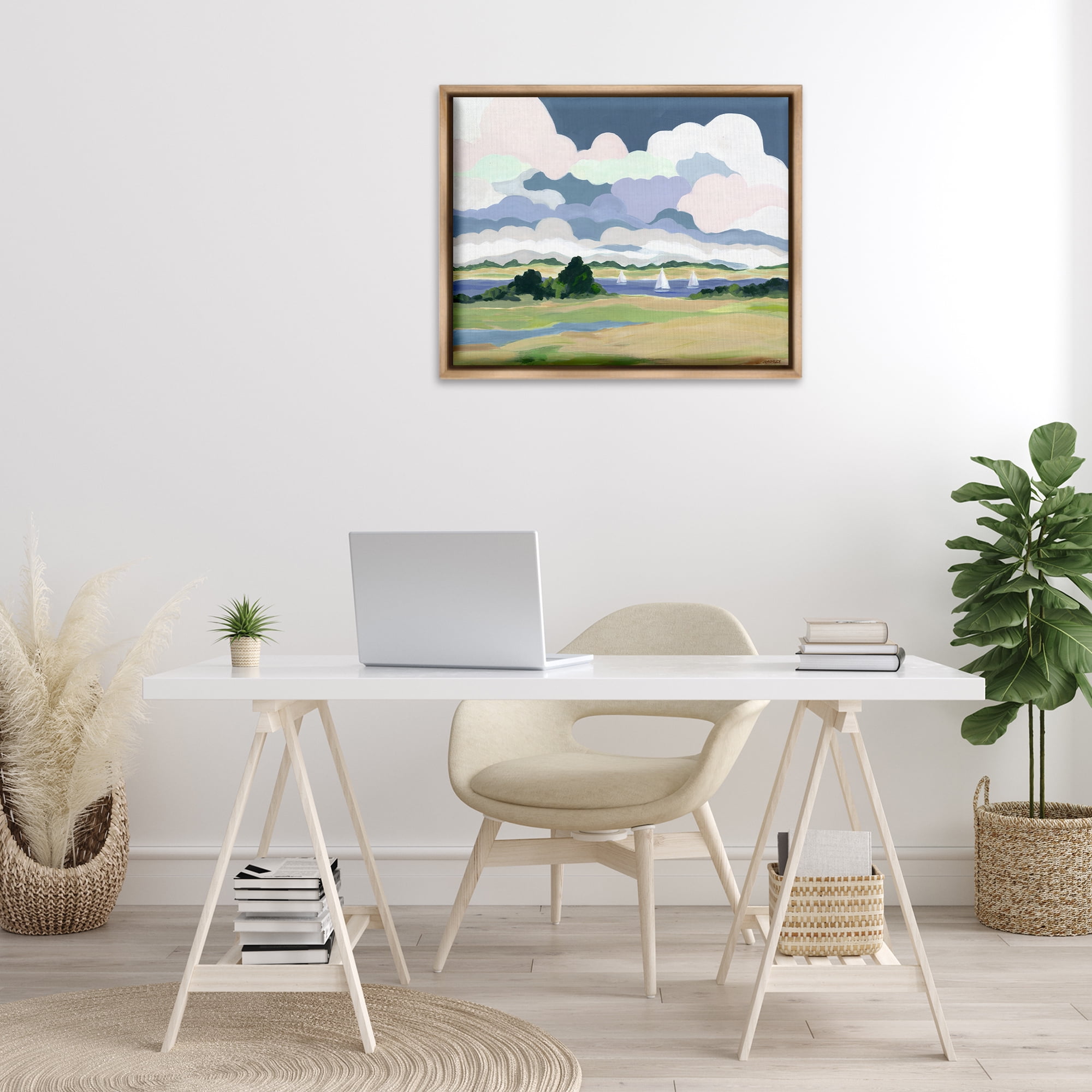 Stupell Industries Billowing Clouds Countryside Landscape & Nature Painting Brown Floater Framed Canvas Art Print Wall Art, 31 x 25
