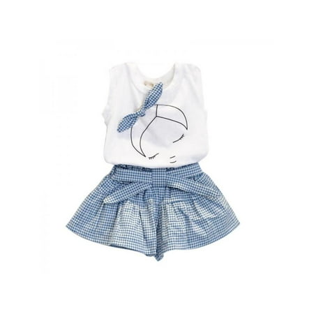 Girls Sleeveless Skirt Set - Lavaport Kids Girls Summer Causal Clothes Sets Sleeveless T-shirt Top+Plaid Short Outfits