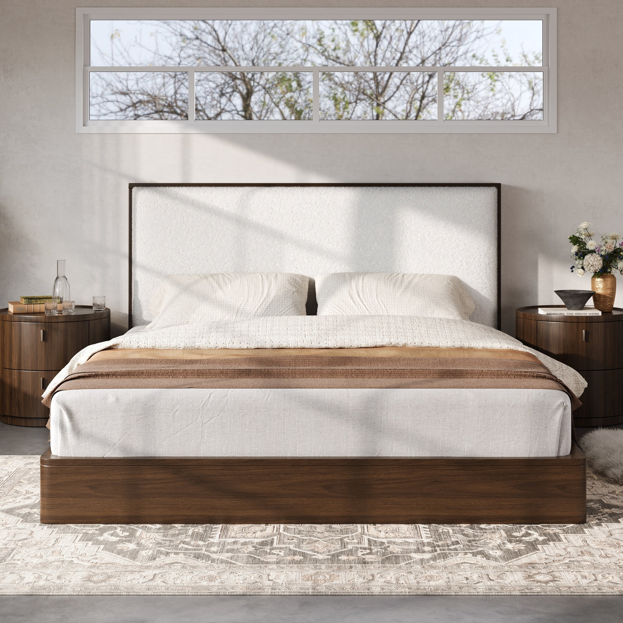 Euroco Wood Queen Size Platform Bed with Bouclé Upholstered Headboard, No Box Spring Needed, Walnut