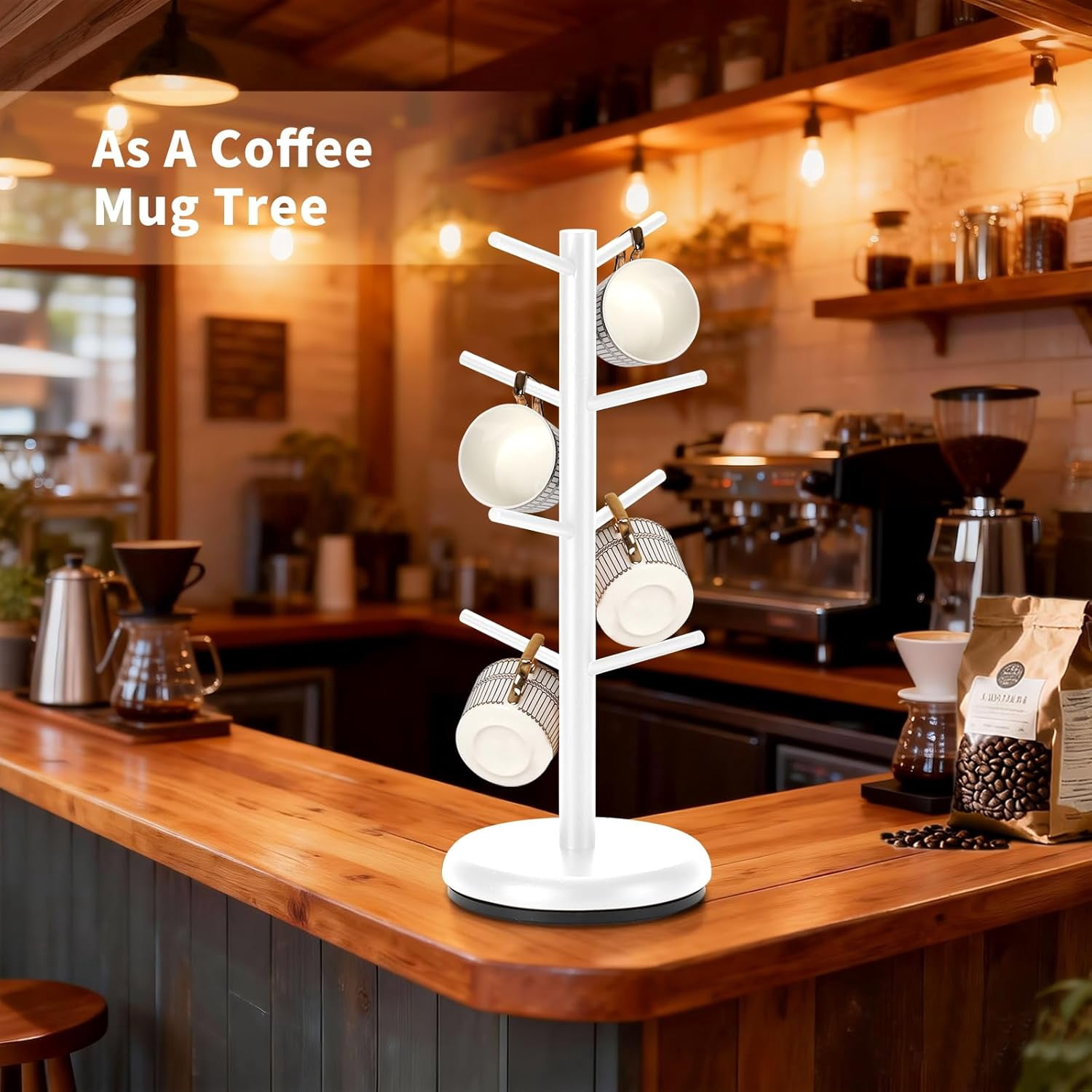 Bamboohomie White Coffee Mug Tree, Mug Holder for Counter, Rotating 8-Hook Mug Tree Stand, White