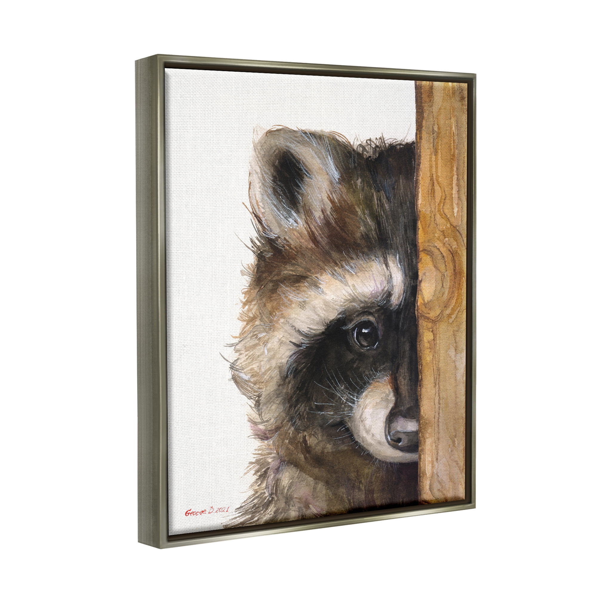 Stupell Industries Raccoon Detailed Fur Looking Animal Portrait Illustration Painting Luster Gray Floating Framed Canvas Print Wall Art, Design by George Dyachenko