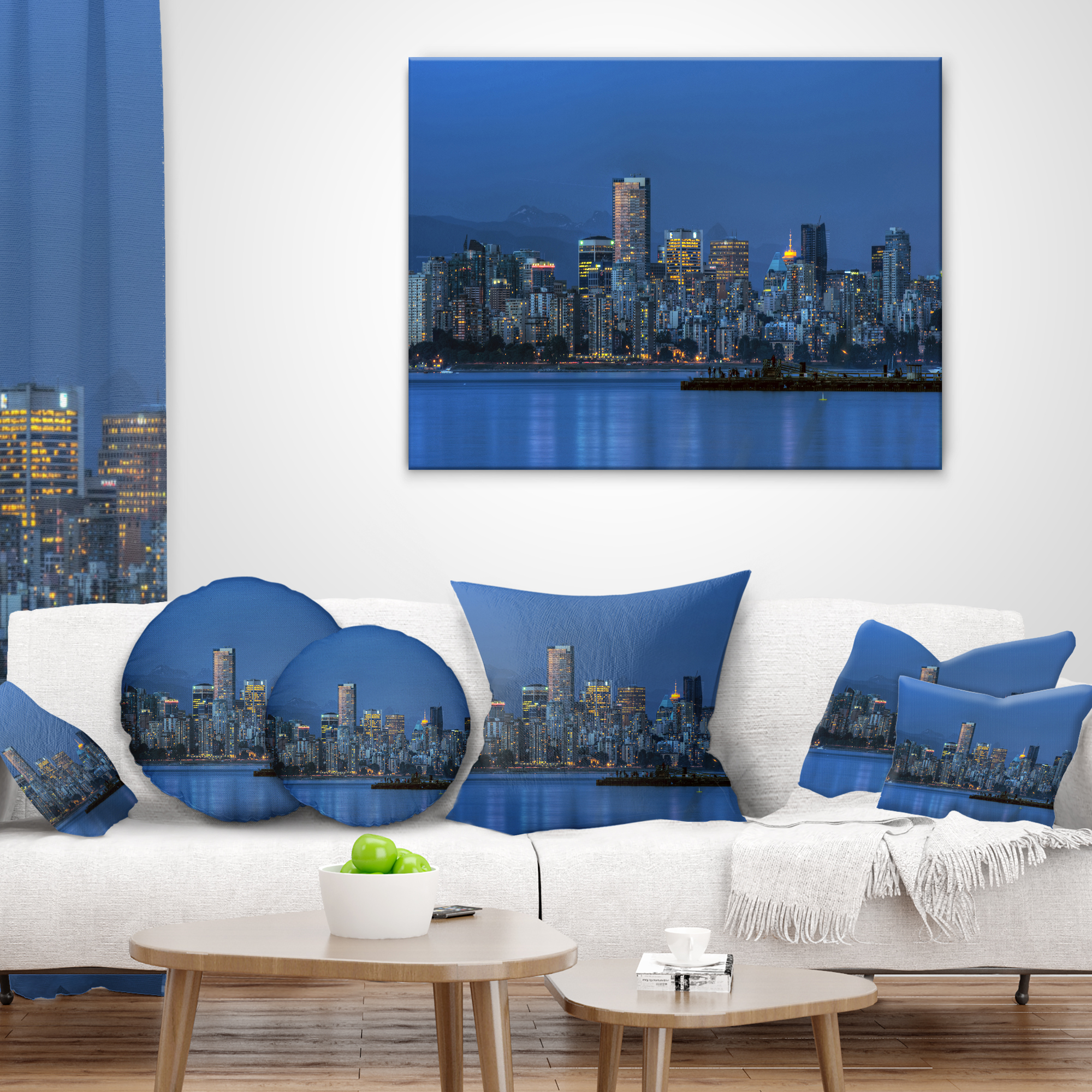 Designart Vancouver Downtown in Evening - Throw Pillow - 12x20