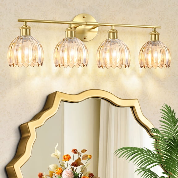 HKMGT 4-Light Gold Vanity Light with Amber Ribbed Glass,, Reversible Mounting, E26 Base for Bathroom & Hallway