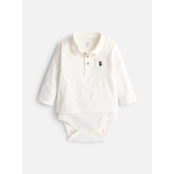 Wonder Nation Baby Boys' Cotton Polo Bodysuit with Long Sleeves, Sizes 0M-24M
