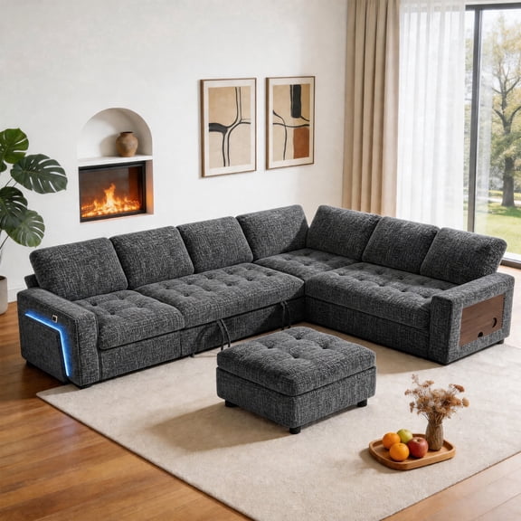 102" 7 Seat L Shaped Modular Sectional Sleeper Sofa Bed with Pull Out Bed/Reclining Backrest/USB Ports/Storage & Tufted Seat, Sectional Sleeper Couch, Tool-Free Assembly,Chenille Fabric Dark Gray