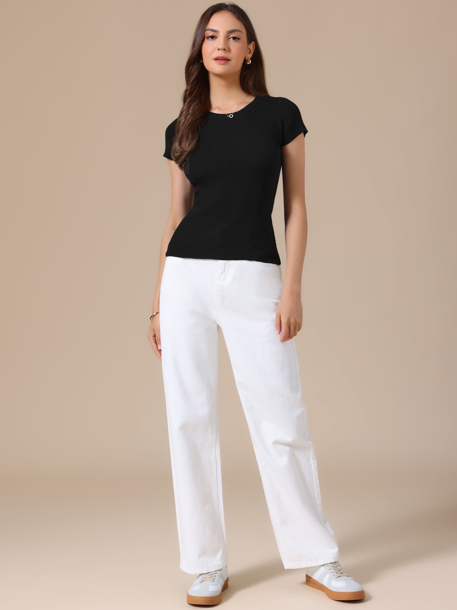 DARING DIVA Women's Short Sleeve Tops Summer Crewneck T-Shirt Ribbed Knit L Black