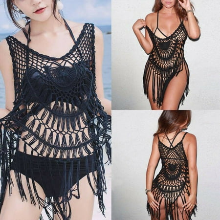 - Women Sexy Hollow Out Beach Cover Up Crochet Bikini Cover Ups Tassel Cover-Ups Bathing Suit Swimwear Dress Swimsuit Vestido