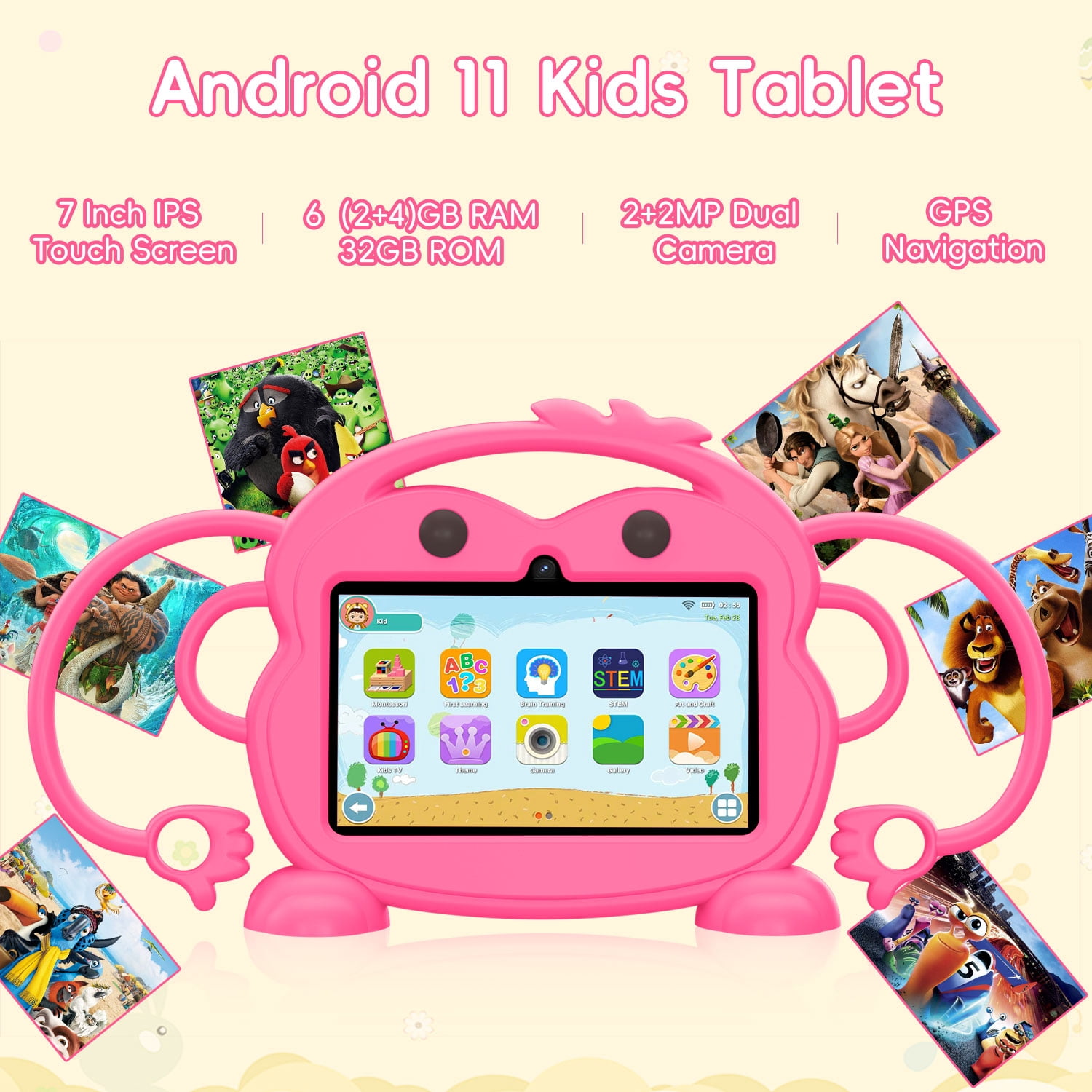 Kids Tablet, 7 inch Android Tablet for Kids, 6GB RAM 32GB ROM Quad-Core Toddler Tablet with Shockproof Case, Bluetooth, WiFi, Parental Control, 2MP+2MP Dual Camera, GPS, Games