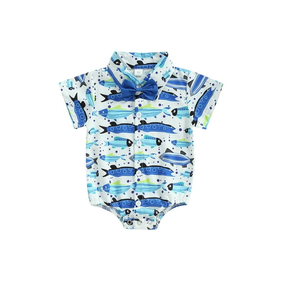hirigin Baby Boy Romper, Short Sleeve Turn-down Collar Fish Print Summer Bodysuit with Bow Tie