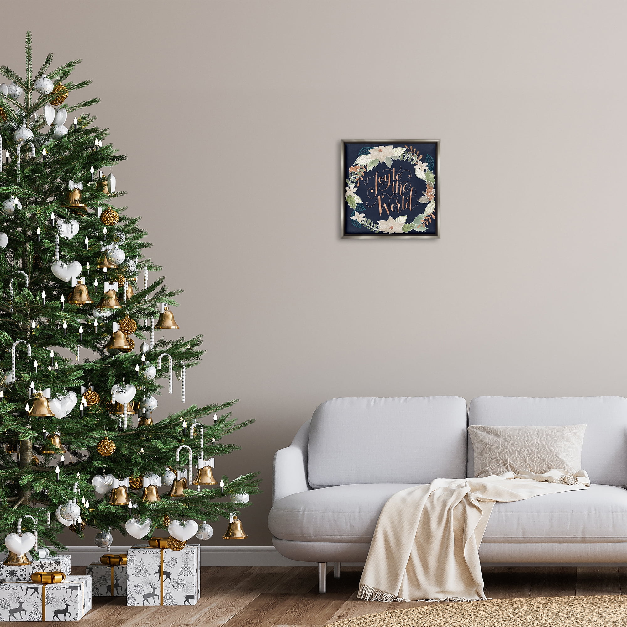 Stupell Industries Joy To The World Holiday Painting Gray Floater Framed Art Print Wall Art, 18 x 18
